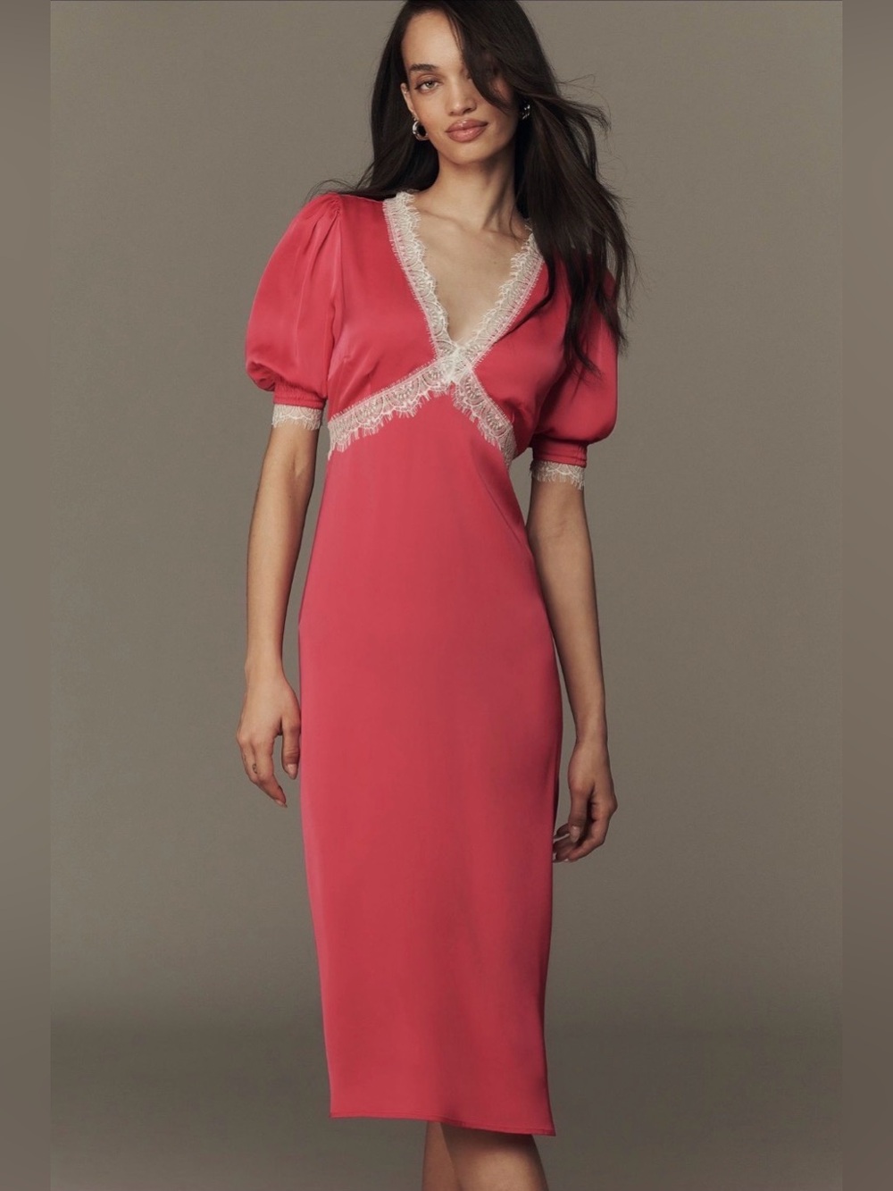 By Anthropologie V Neck Lace Trim Midi Dress Bright Rose Cream XS NWT